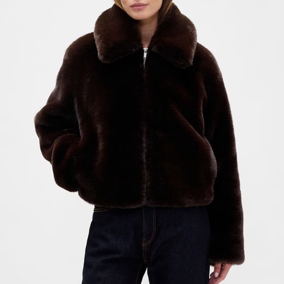 Elegant Brown Faux Fur Jacket Gap - Picture 2 of 4